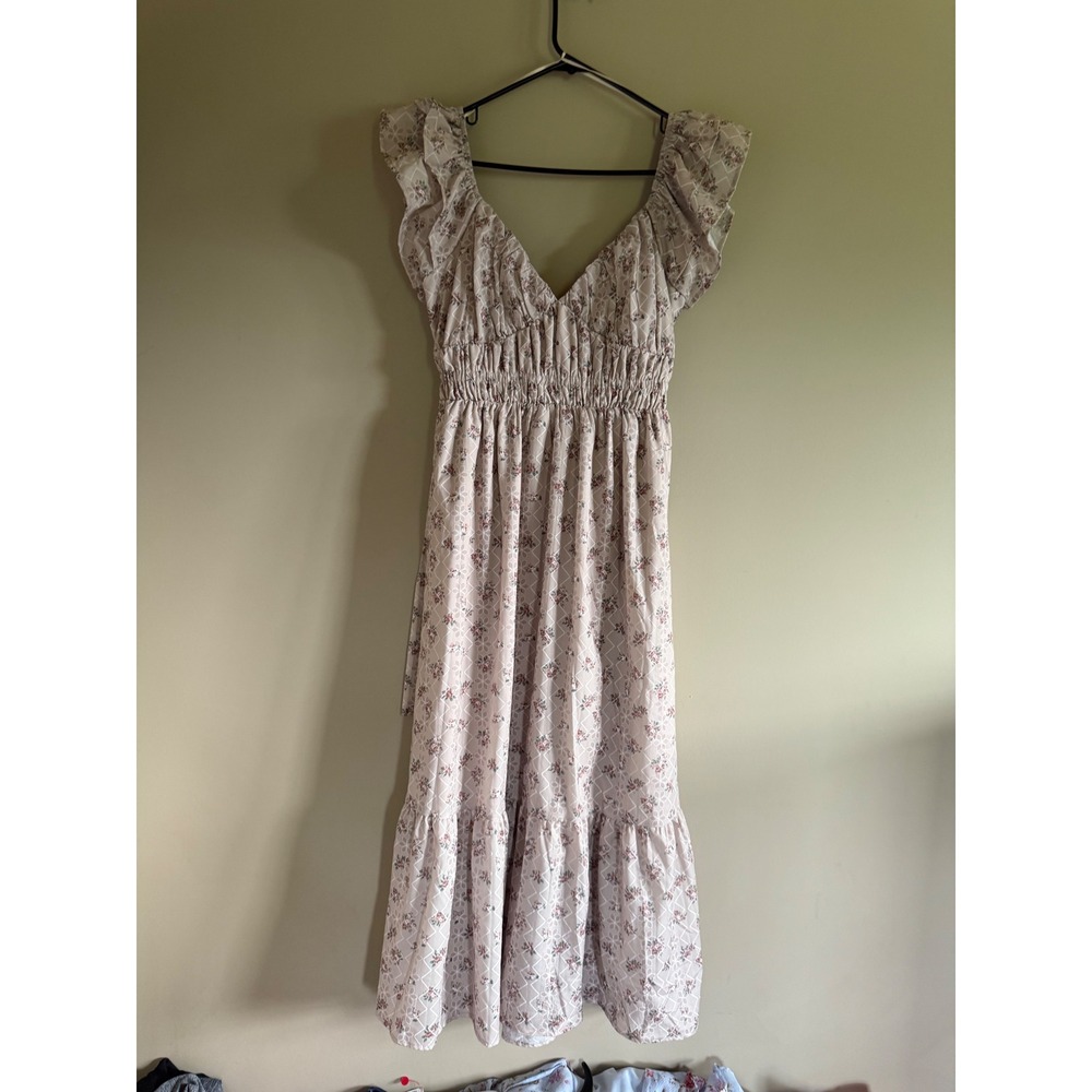 Altard State Floral Ruffle Midi Dress Pink Tan Smocked Tie Back Cottagecore M